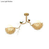 Artistry Milk White Glass Ball Chandelier Pendant With Birds And Hand-Sewn Aluminum Nest -