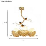 Artistry Milk White Glass Ball Chandelier Pendant With Birds And Hand-Sewn Aluminum Nest -