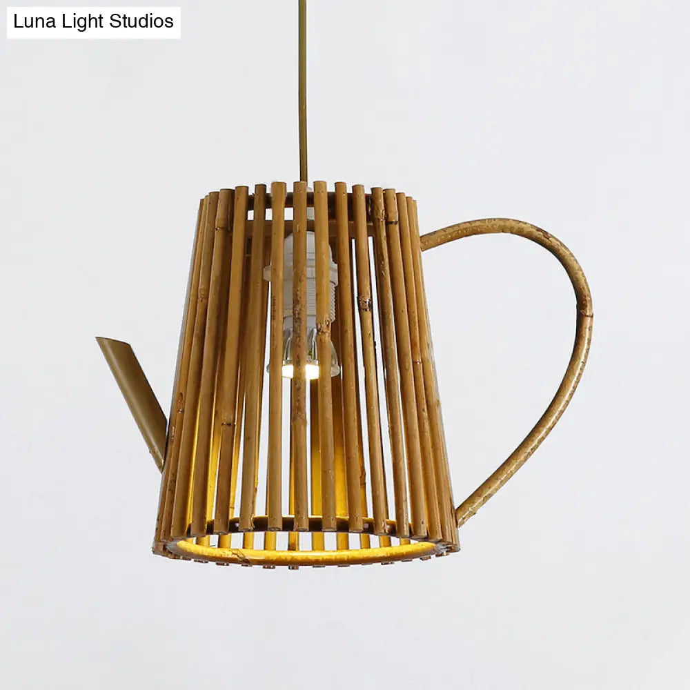 Asia 1-Head Bamboo Teapot Ceiling Lamp: Khaki Hanging Light Fixture For Living Room
