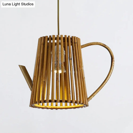 Asia 1-Head Bamboo Teapot Ceiling Lamp: Khaki Hanging Light Fixture For Living Room
