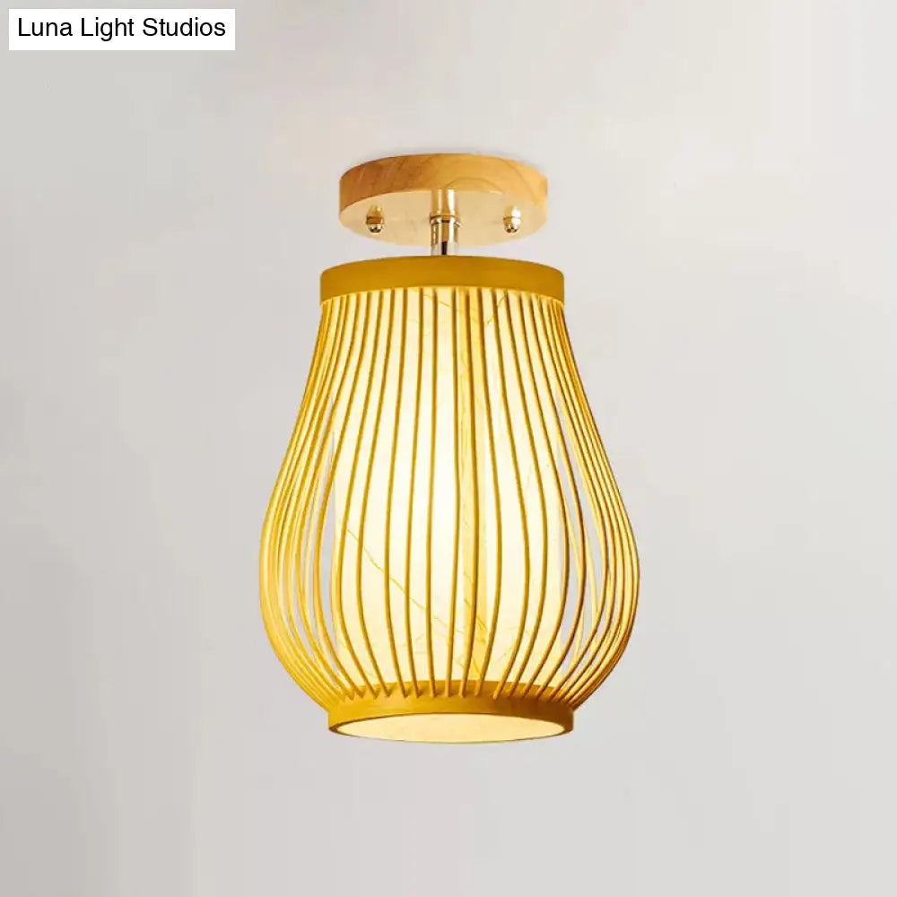 Asia 1-Head Ceiling Mounted Wood Pear/Globe Light Fixture With Bamboo Cage And Shade