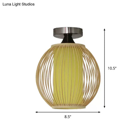 Asia 1 - Head Ceiling Mounted Wood Pear/Globe Light Fixture With Bamboo Cage And Shade