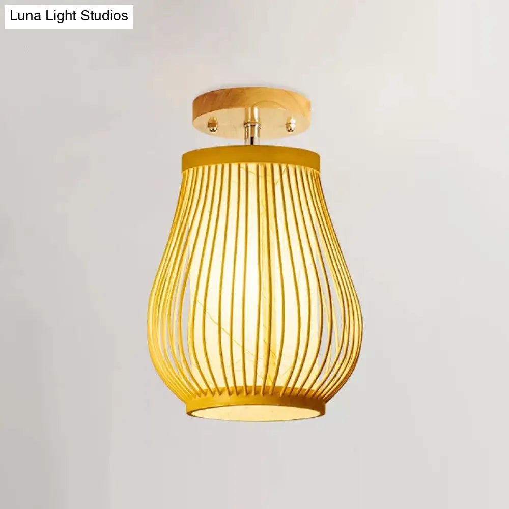 Asia 1 - Head Ceiling Mounted Wood Pear/Globe Light Fixture With Bamboo Cage And Shade