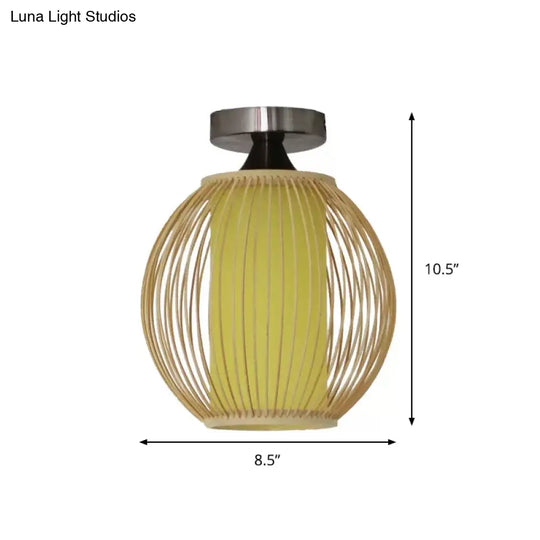 Asia 1 - Head Ceiling Mounted Wood Pear/Globe Light Fixture With Bamboo Cage And Shade