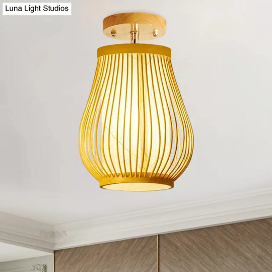 Asia 1 - Head Ceiling Mounted Wood Pear/Globe Light Fixture With Bamboo Cage And Shade