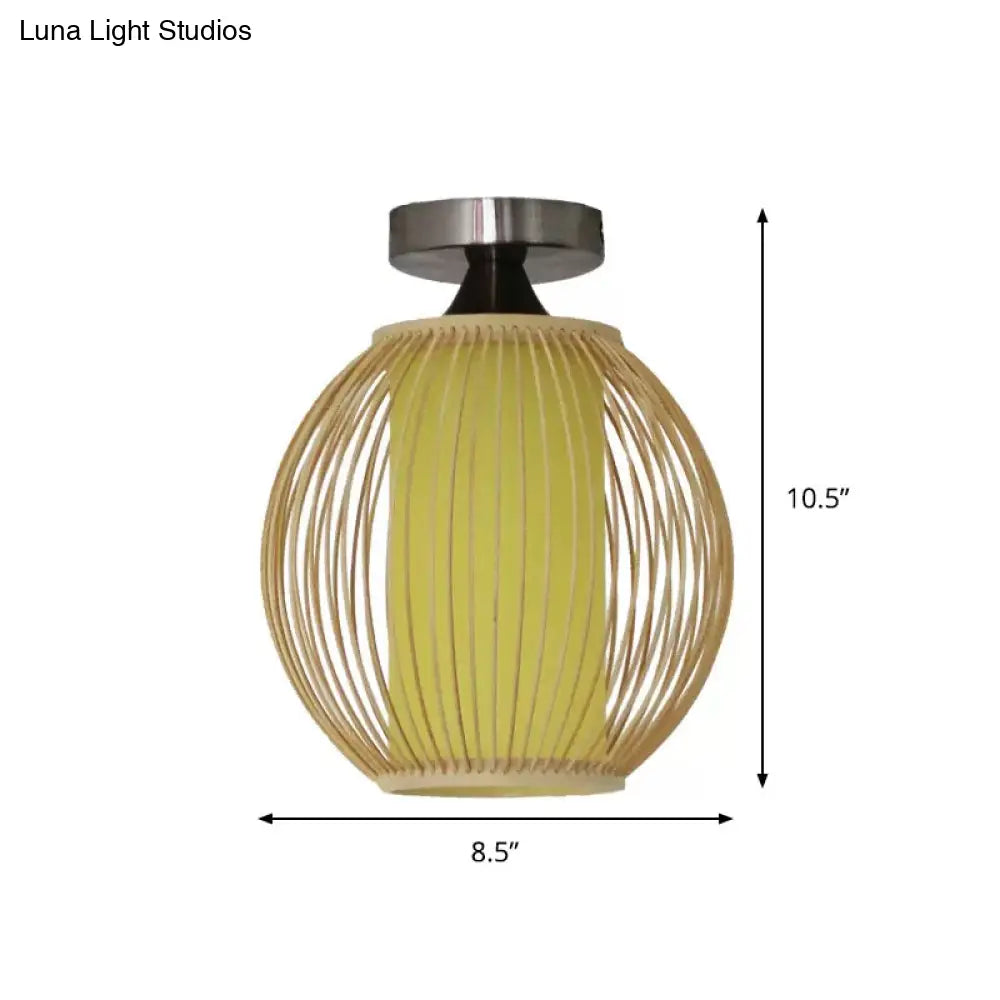 Asia 1-Head Ceiling Mounted Wood Pear/Globe Light Fixture With Bamboo Cage And Shade