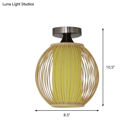 Asia 1-Head Ceiling Mounted Wood Pear/Globe Light Fixture With Bamboo Cage And Shade