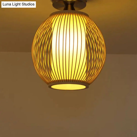 Asia 1 - Head Ceiling Mounted Wood Pear/Globe Light Fixture With Bamboo Cage And Shade