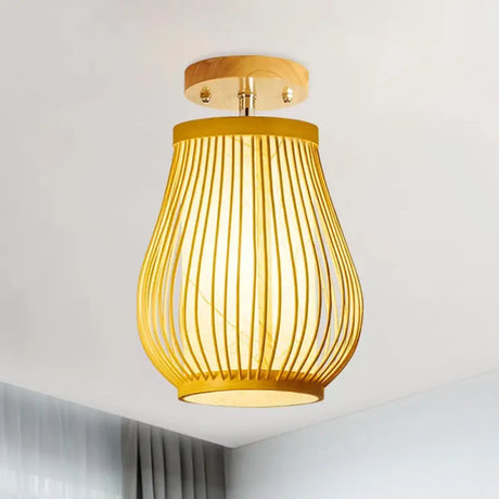 Asia 1 - Head Ceiling Mounted Wood Pear/Globe Light Fixture With Bamboo Cage And Shade / B