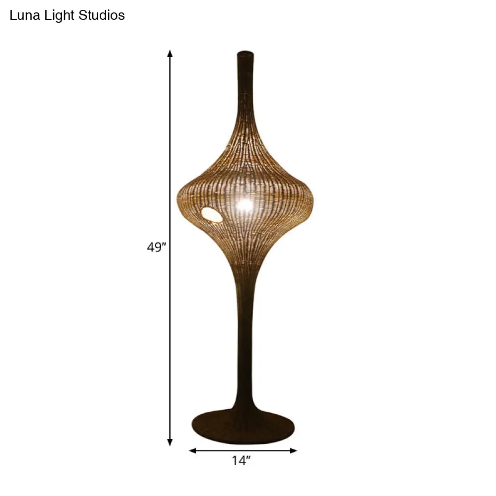 Asia 1 Head Stand Up Lamp: Coffee Woven Urn-Like Floor Lighting With Bamboo Shade