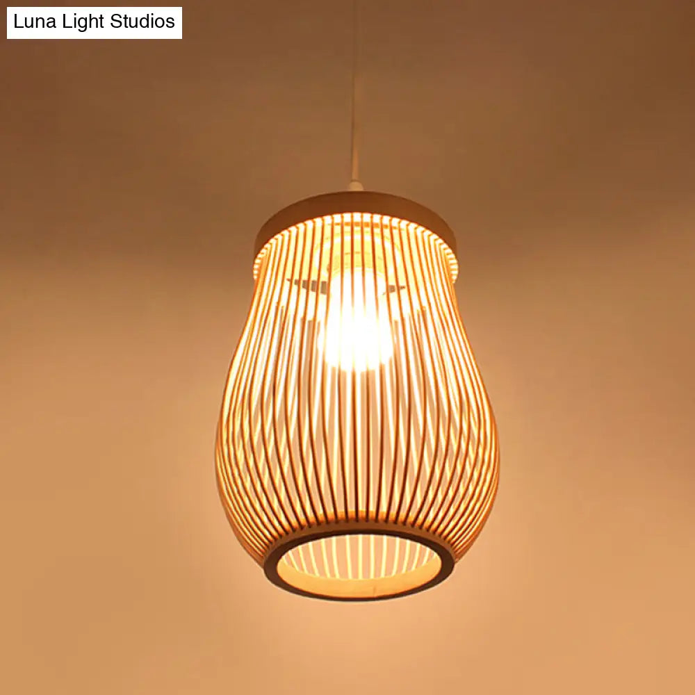 Asia Bamboo Hand-Worked Pear Cage Pendant Terrace Ceiling Light - Wood 1 Bulb