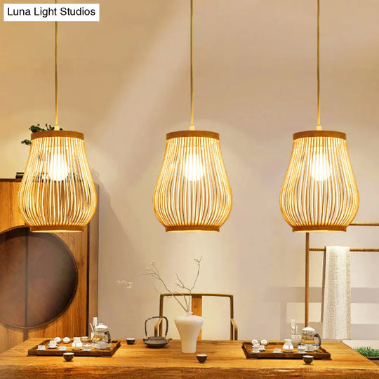 Asia Bamboo Hand-Worked Pear Cage Pendant Terrace Ceiling Light - Wood 1 Bulb