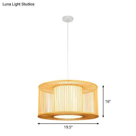 Asia Beige Bamboo Drum Pendant Light For Kitchen Bar - 1-Light Hanging Multiple Sizes Available