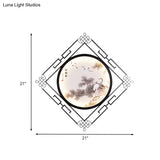 Asia Halcyon Ink Painting Mural Lamp - Led Wall Lighting Fixture In Black