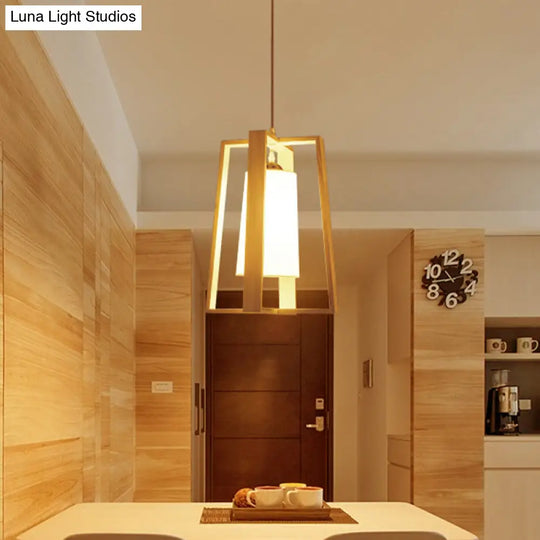 Asia Wood Trapezoid Pendant Light With Beige Fabric Shade - 10/11 Wide 1 Head Ceiling Lamp