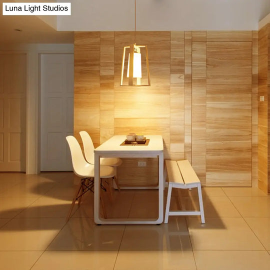 Asia Wood Trapezoid Pendant Light With Beige Fabric Shade - 10/11 Wide 1 Head Ceiling Lamp