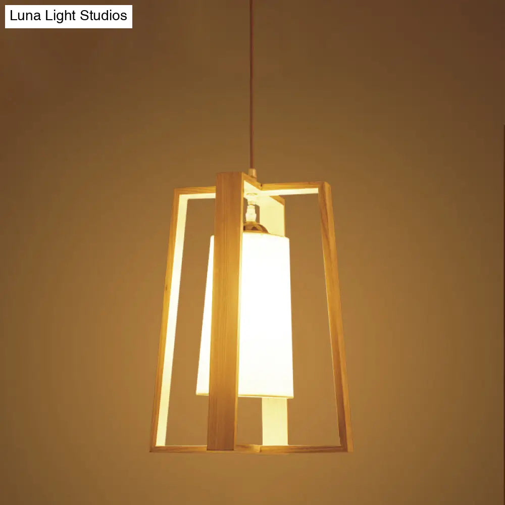 Asia Wood Trapezoid Pendant Light With Beige Fabric Shade - 10/11 Wide 1 Head Ceiling Lamp