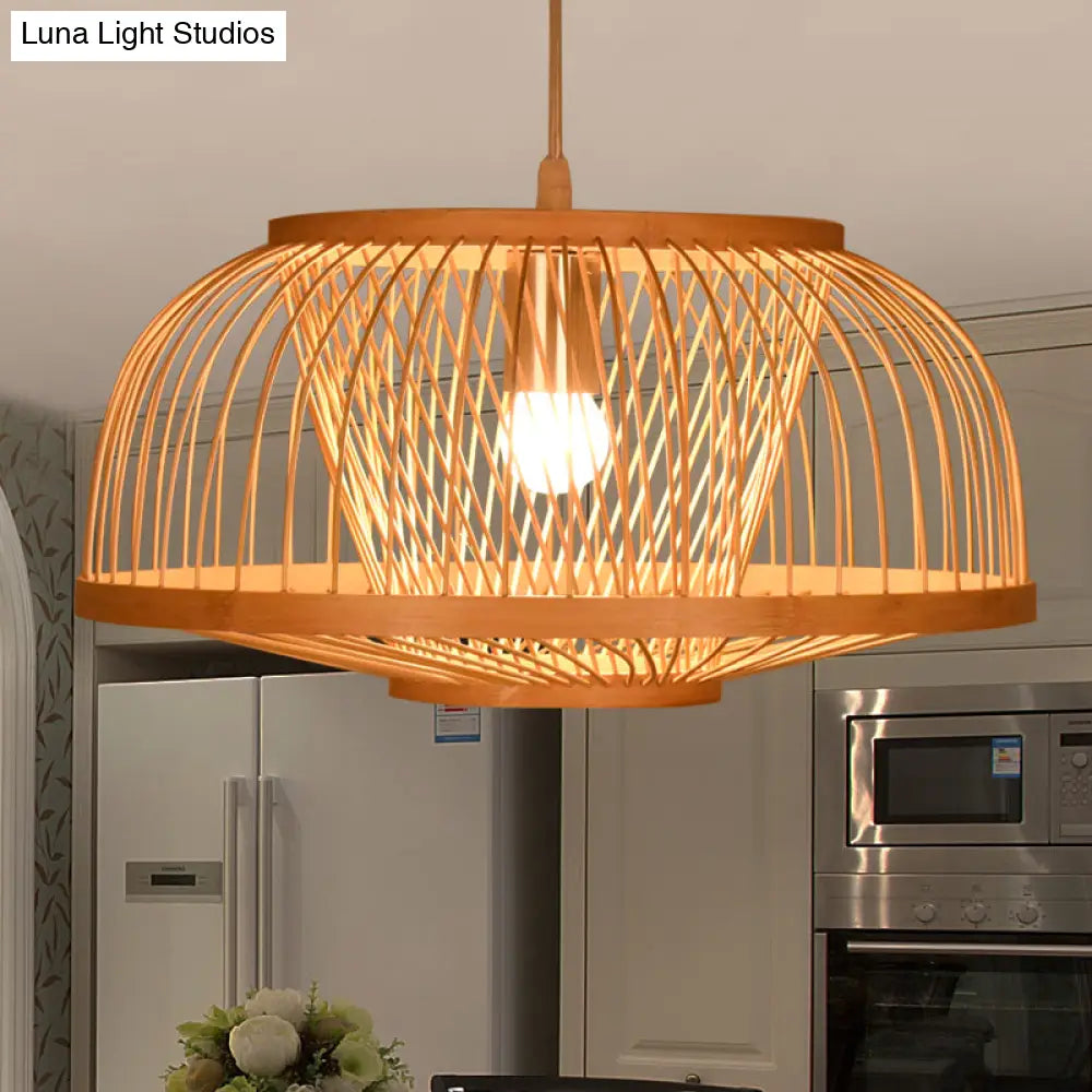 Asian Bamboo Bowl Pendant Light Fixture - Wood Ceiling For Living Room