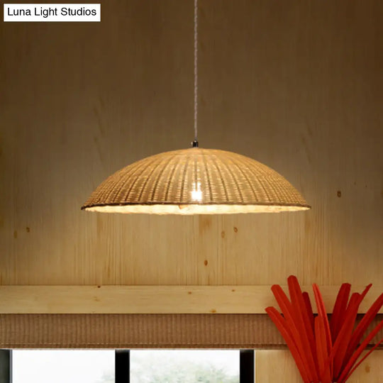 Asian Bamboo Domed Ceiling Lamp - 1 Head Flaxen Pendant Light For Living Room