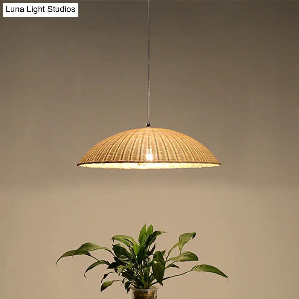 Asian Bamboo Domed Ceiling Lamp - 1 Head Flaxen Pendant Light For Living Room