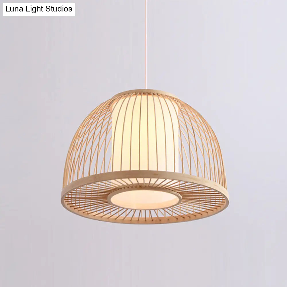 Asian Bamboo Domed Pendant Light - Wood Suspended Lighting Fixture With 1 Bulb 14/16 Wide