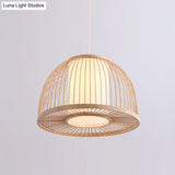 Asian Bamboo Domed Pendant Light - Wood Suspended Lighting Fixture With 1 Bulb 14/16 Wide