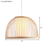 Asian Bamboo Domed Pendant Light - Wood Suspended Lighting Fixture With 1 Bulb 14/16 Wide