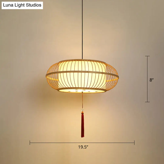 Asian Bamboo Drum Pendant Ceiling Lamp: Beige 1-Light Suspension Light With Tassel Knot / 19.5