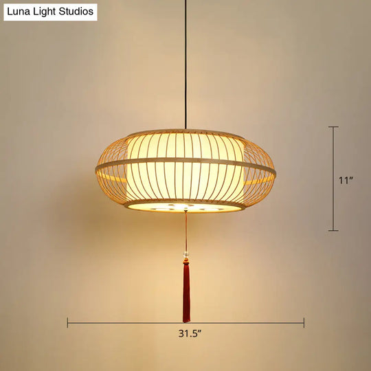 Asian Bamboo Drum Pendant Ceiling Lamp: Beige 1-Light Suspension Light With Tassel Knot / 31.5