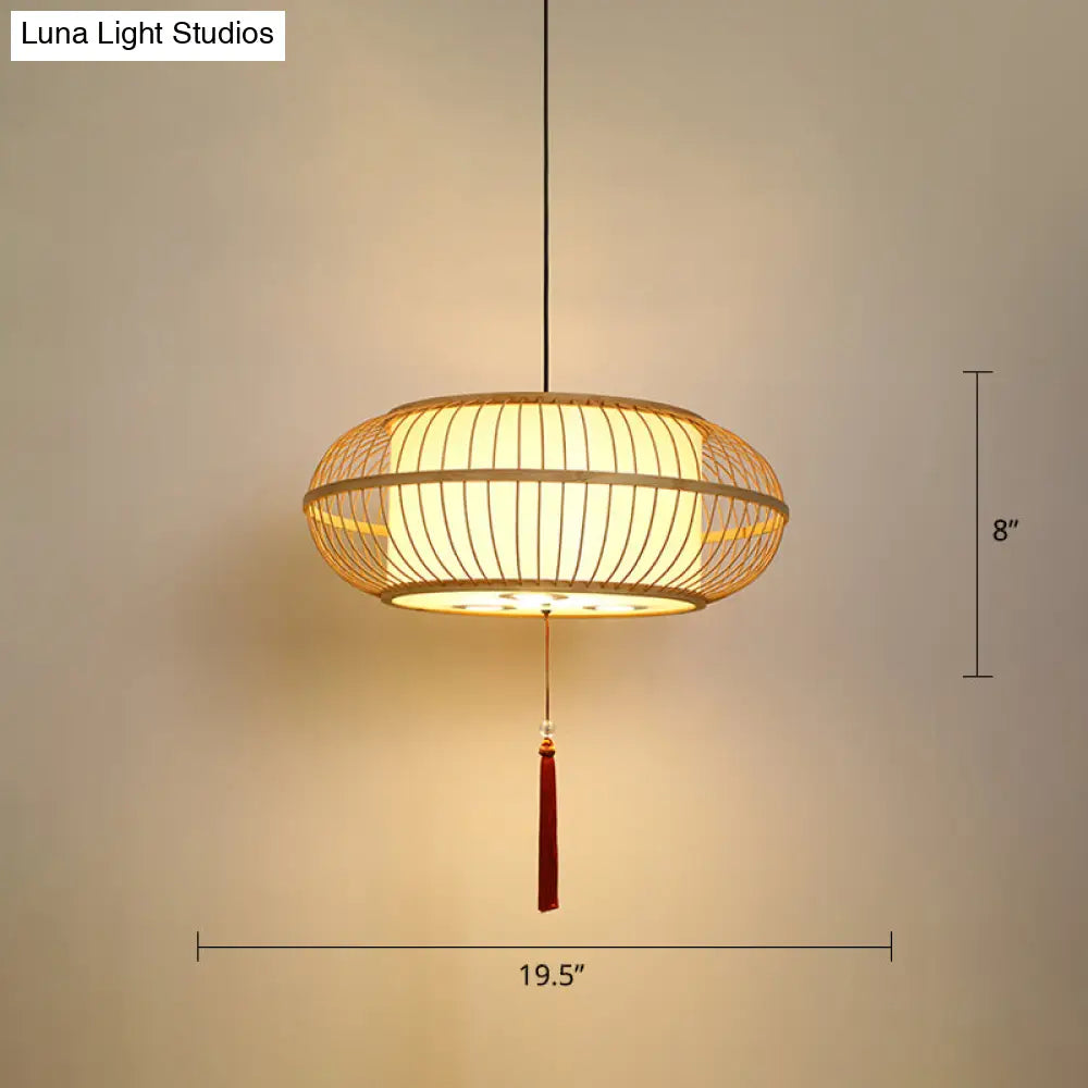 Asian Bamboo Drum Pendant Ceiling Lamp: Beige 1-Light Suspension Light With Tassel Knot