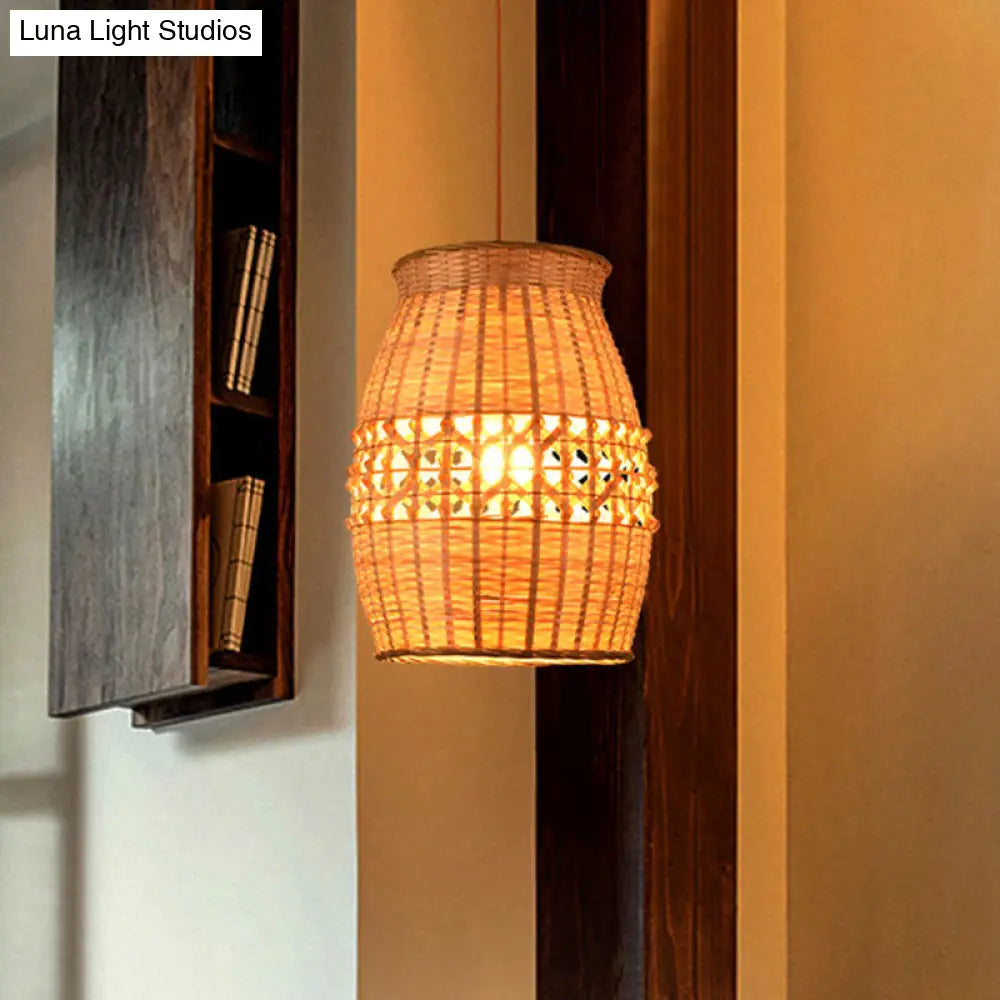 Asian Bamboo Jar Pendulum Light | Wood Woven Ceiling Hanging Lamp Fixture