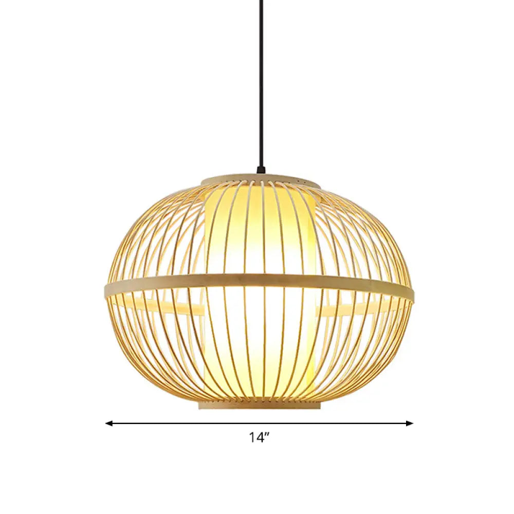 Asian Bamboo 1-Light Beige Pendant Light Fixture - Oval Suspension Lighting Inner Shade 14/16/23.5