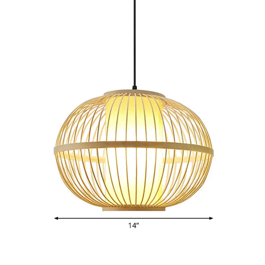 Asian Bamboo 1-Light Beige Pendant Light Fixture - Oval Suspension Lighting Inner Shade 14/16/23.5