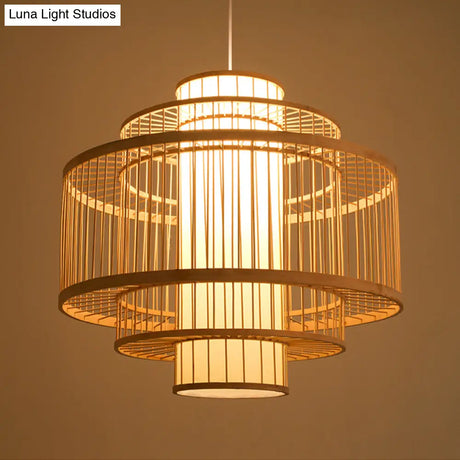 Asian Bamboo Pendant Light With Shade Inside - Cylinder/Donut/Raindrop Design