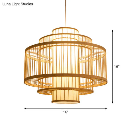 Asian Bamboo Pendant Light With Shade Inside - Cylinder/Donut/Raindrop Design