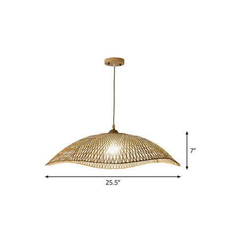 Asian Bamboo Wave-Edge Suspension Pendant Light With 1-Bulb In Beige Ideal For Bedroom Lighting /