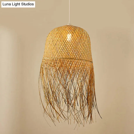 Asian Bamboo Weaving Dome Pendant Light With Fringed Wood Detail - 1-Light Ceiling Lamp For Dining