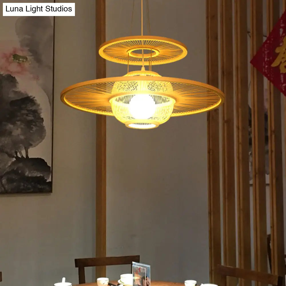 Asian Beige Bamboo Pendant Light: 1-Head Restaurant Hanging Lamp With Round Shade