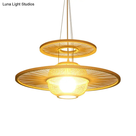 Asian Beige Bamboo Pendant Light: 1-Head Restaurant Hanging Lamp With Round Shade