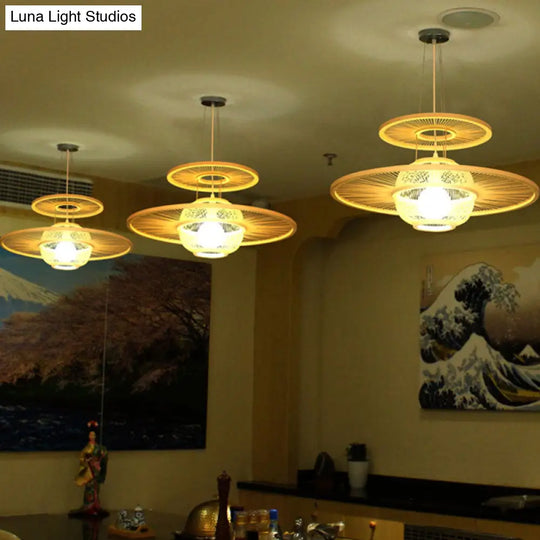 Asian Beige Bamboo Pendant Light: 1-Head Restaurant Hanging Lamp With Round Shade