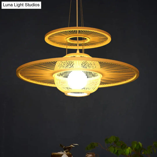Asian Beige Bamboo Pendant Light: 1-Head Restaurant Hanging Lamp With Round Shade