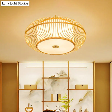 Asian Beige Ceiling Mounted Flush Light With Bamboo Shade - 1 Head Bedroom Fixture
