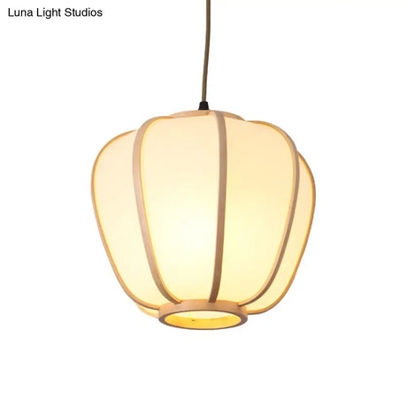Asian Beige Hanging Pendant Light With Lantern Wood Shade For Restaurants
