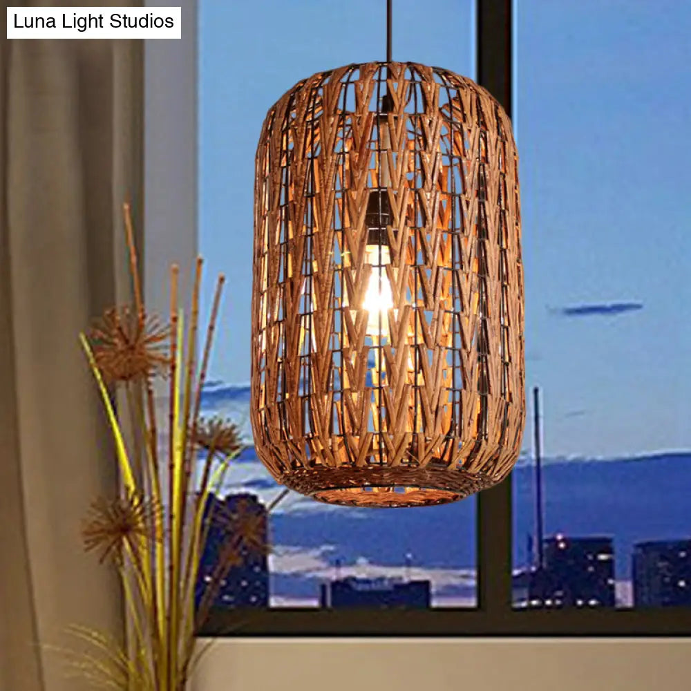 Asian Brown Pendant Light With Rattan Barrel Shade For Restaurants