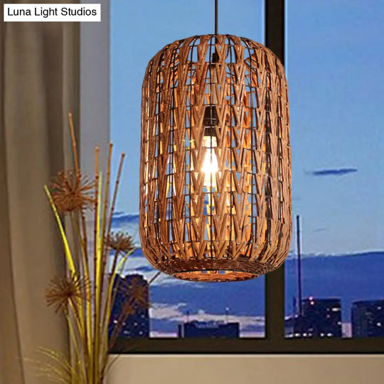 Asian Brown Pendant Light With Rattan Barrel Shade For Restaurants