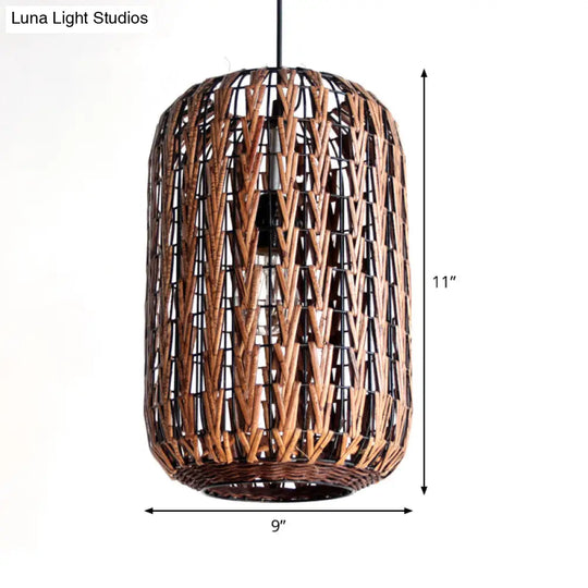 Asian Brown Pendant Light With Rattan Barrel Shade For Restaurants