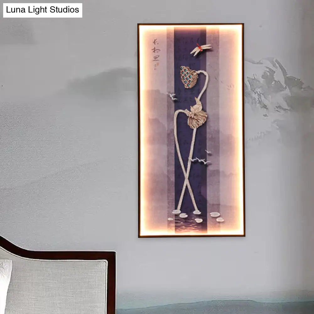 Asian Dragonfly/Lotus Led Mural Sconce: Elegant Dining Room Wall Mount Lighting In Black
