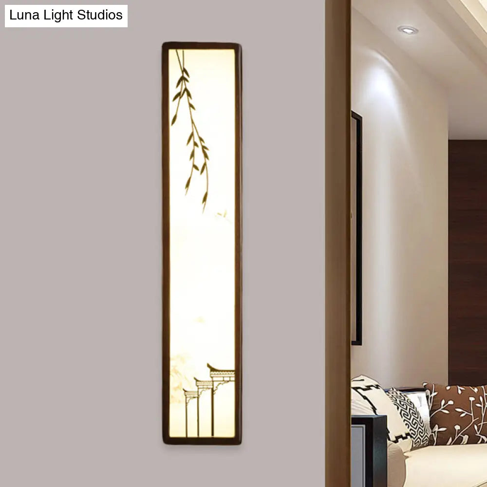 Asian-Inspired Bamboo And House Led Wall Sconce In Acrylic Rectangle Design