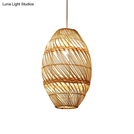 Asian-Inspired Wood Obong Pendant Lamp With Bamboo Rattan Ceiling Suspension