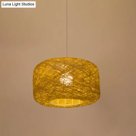 Asian Rattan Drum Pendant Light Fixture With Flaxen Lampshade - 1 Bulb Hanging Kit